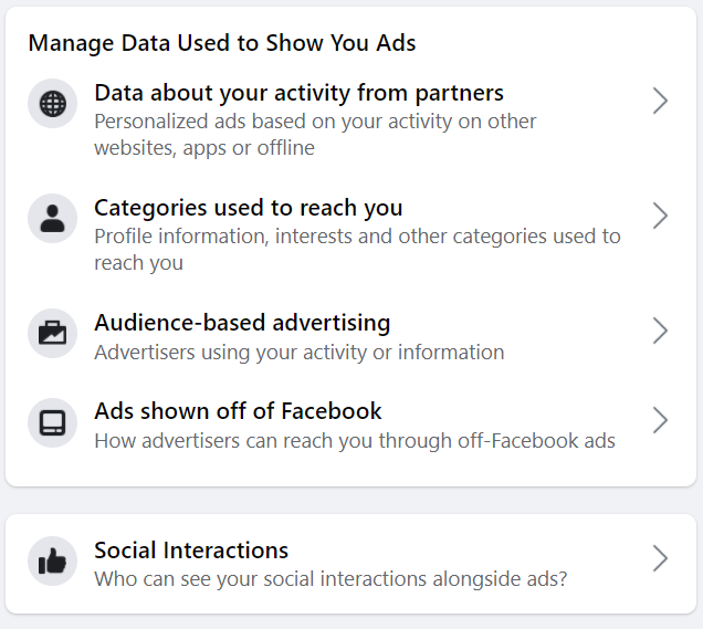 Facebook a un paramètre pour gérer les données utilisées pour vous montrer des publicités.