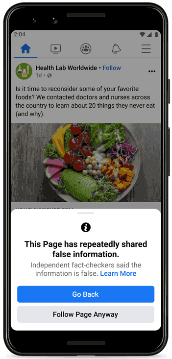Capture d'écran de l'avertissement de fausses informations sur Facebook