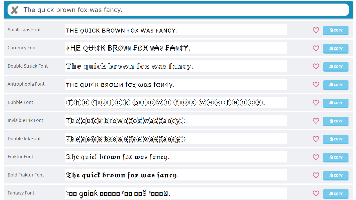 Publique opções de fonte do Cool Fancy Text Generator.