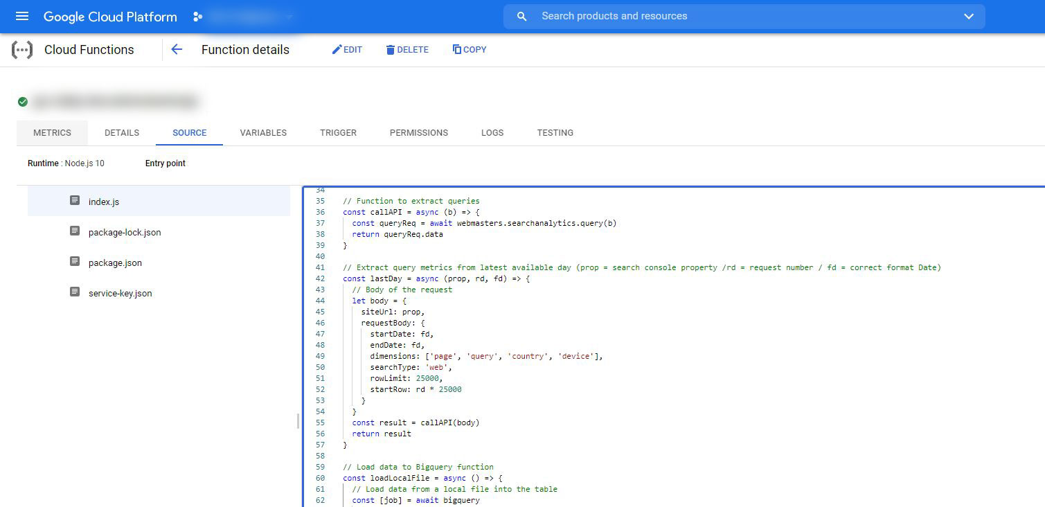 Cloud function exmple to extract search console data and load it to big query.