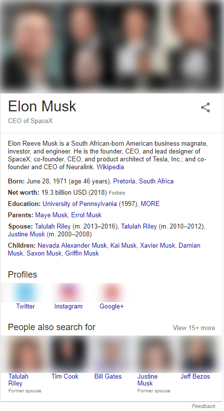 A screenshot of a knowledge graph panel of Elon Musk, with information about his family and background, as well as social media profiles.
