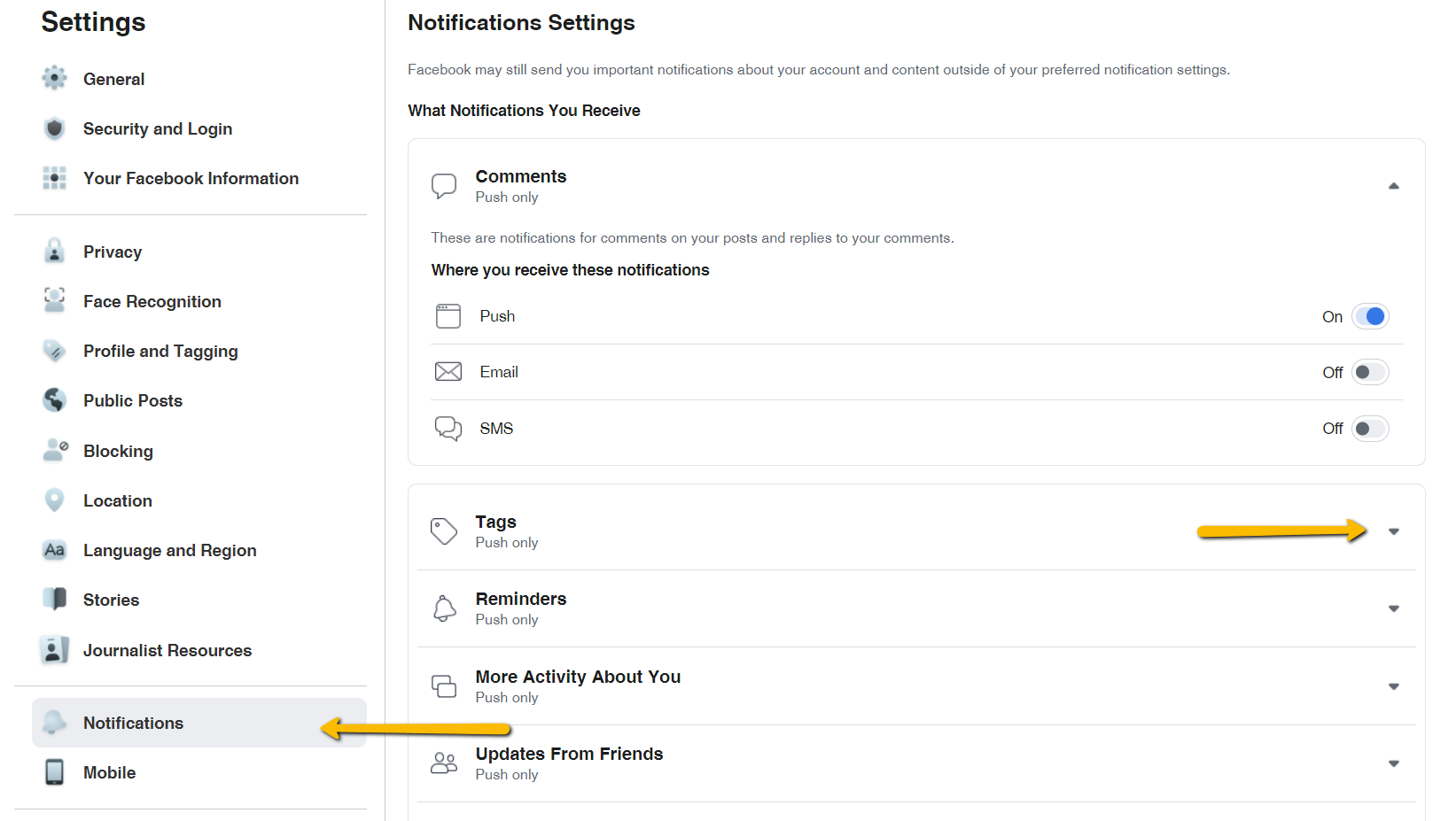 All notification settings are easily accessible in one place.