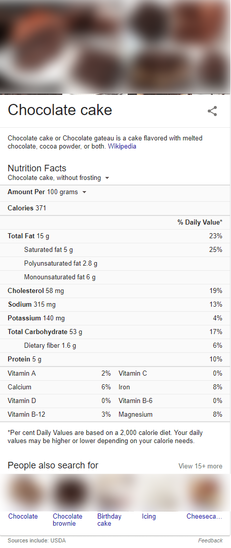 Screenshot of a knowledge panel regarding chocolate cake, with nutritional information, photos, and other desserts.