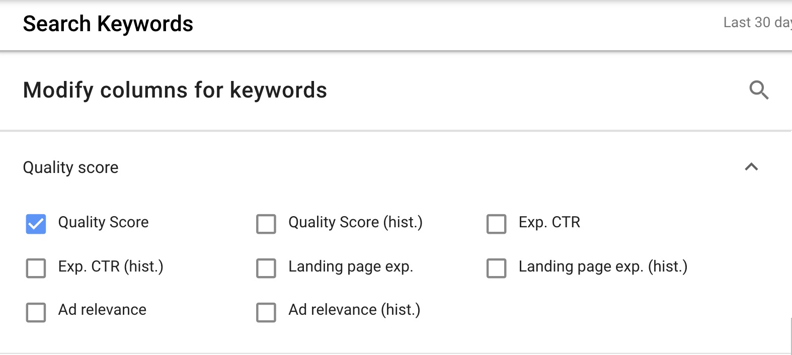 Google Ads Quality Score columns.