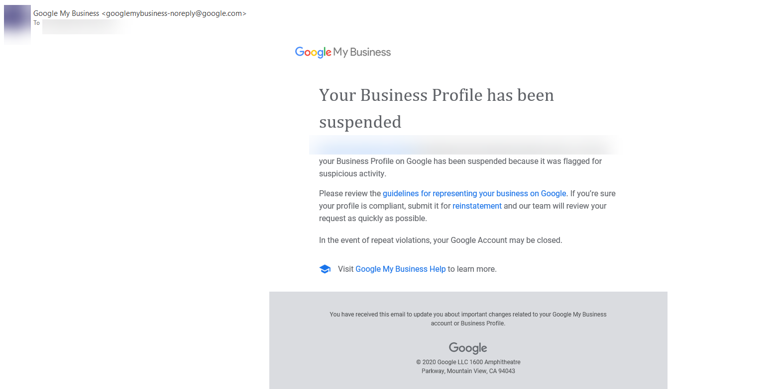Suspension email from Google.