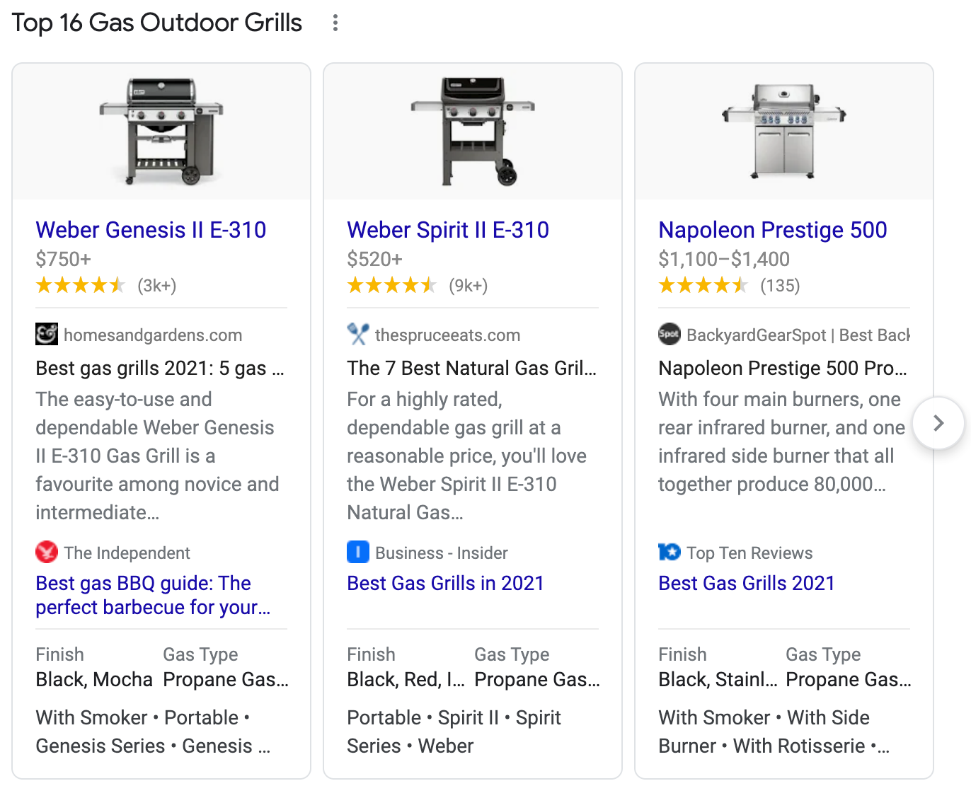 Top Products Carousel example on gas outdoor grills.