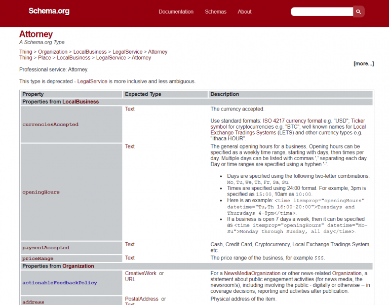عکس صفحه از نوع داده های علامت گذاری طرح وکیل در وب سایت Schema.org.