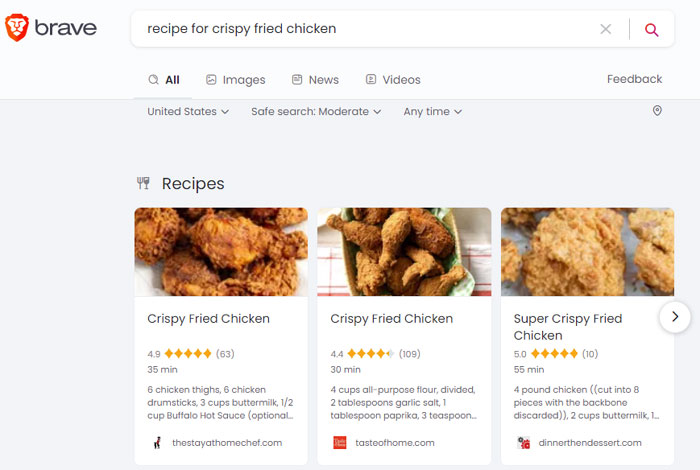 Capture d'écran des SERP de recettes Brave Search
