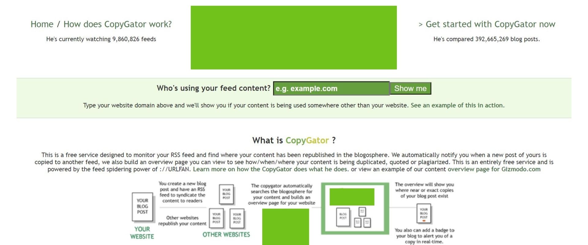 Homepage of CopyGator plagiarism checker tool.