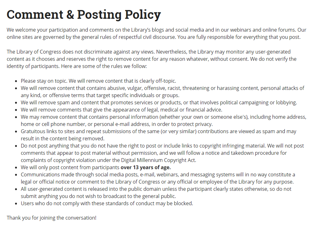 Comment and posting policy of the Library of Congress.
