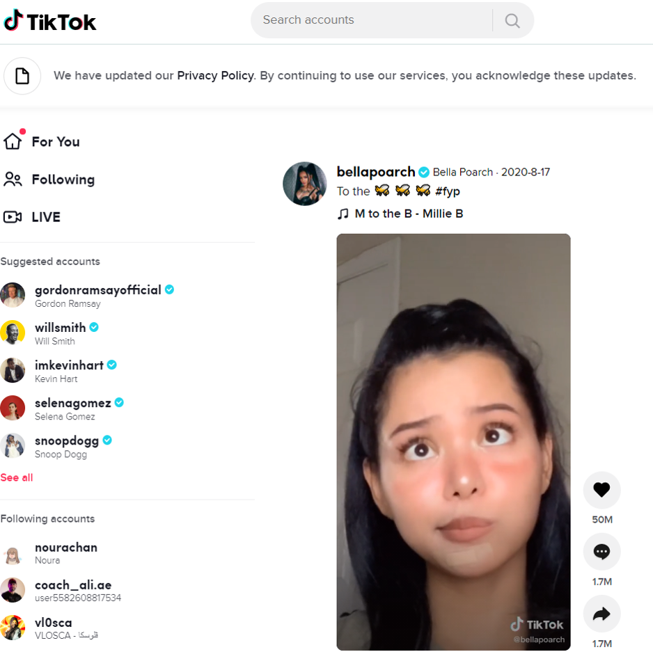 Screenshot of the TikTok video Bella does M to the B.