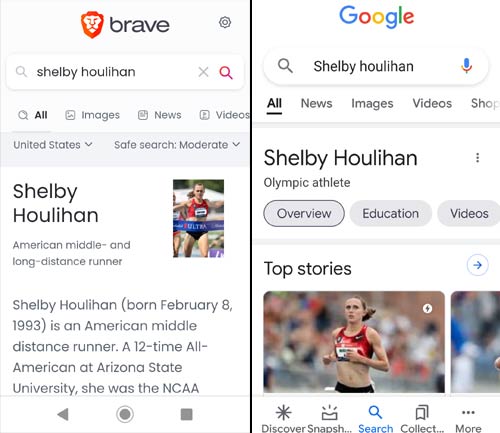Capture d'écran de la comparaison de Brave et de la recherche Google