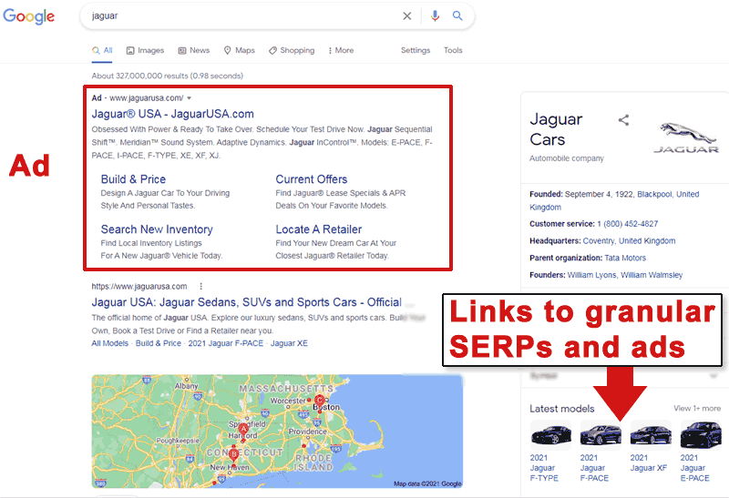 Capture d'écran des résultats de recherche Google pour jaguar