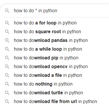 Screenshot of an autocomplete list for python questions: how to do * in python, with * being filled in with different suggestions