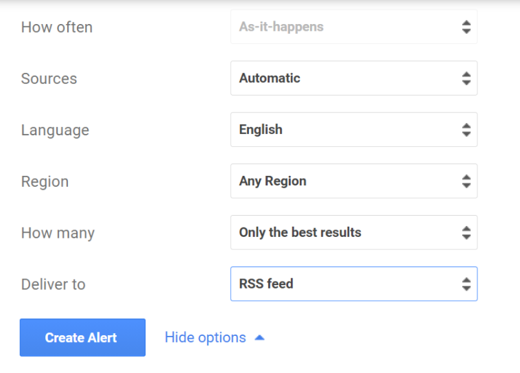 Setting google alerts to support an rss feed.