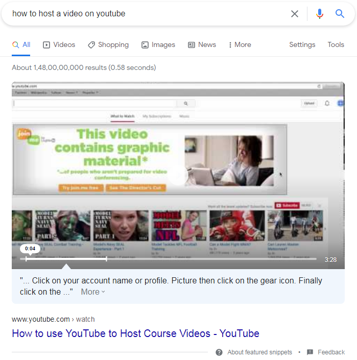 Video featured snippet example. 