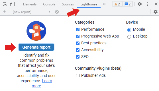 Captura de pantalla de Lighthouse en el panel Herramientas de desarrollo de Chrome.