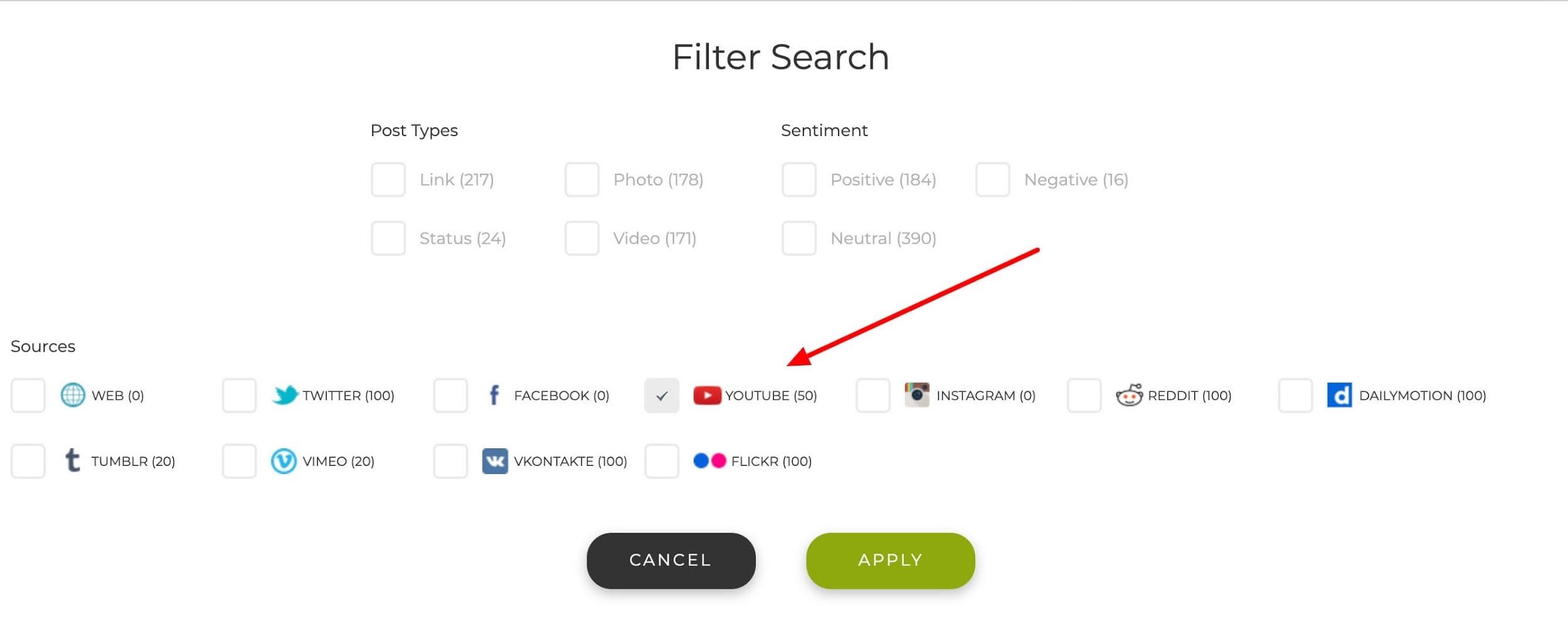 Filter search from Social Searcher.