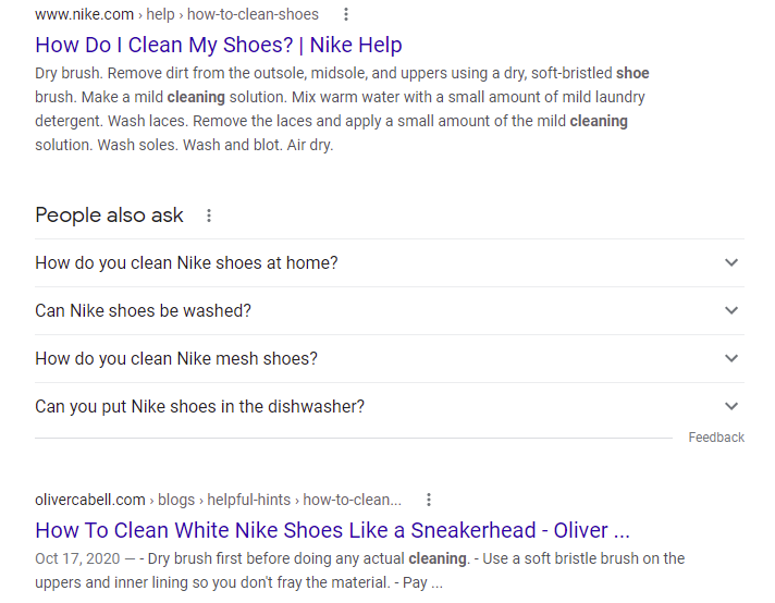 SERP result for "how to clean Nike shoes."