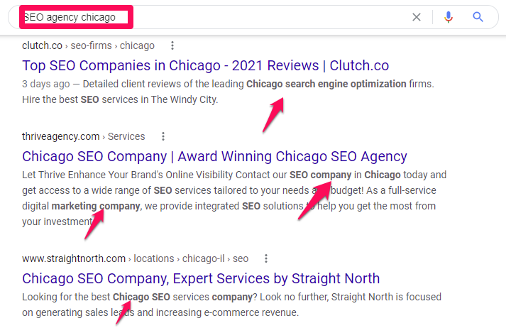 SERP results for "SEO agency chicago."