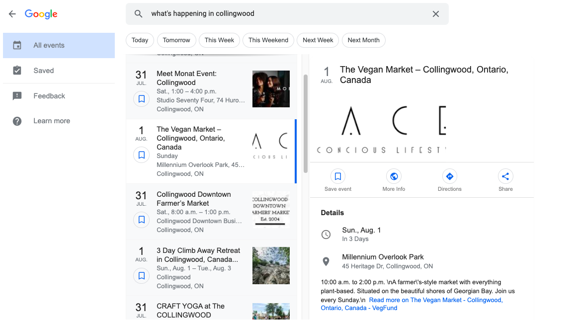 Google Events in local search results