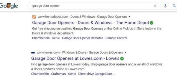 SERP results on "garage door opener."
