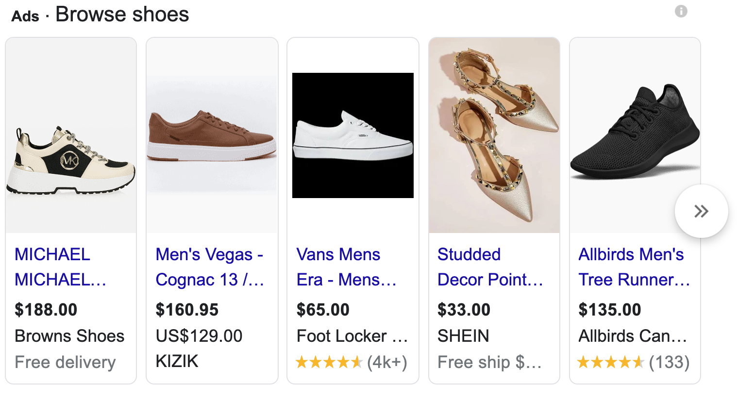 Google Shopping ads about shoes with star ratings present.