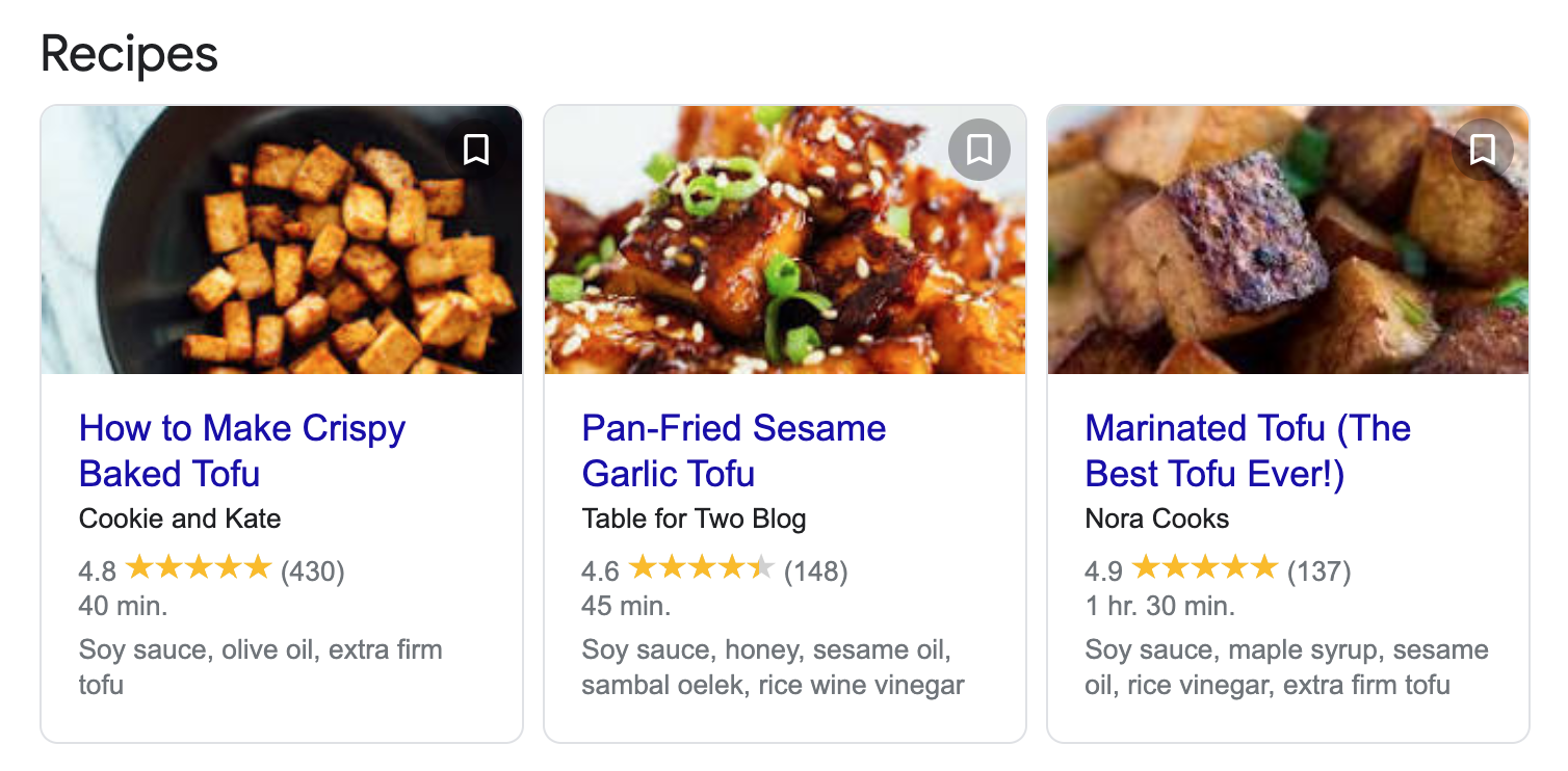 Tofu recipe results on Google with star ratings present.