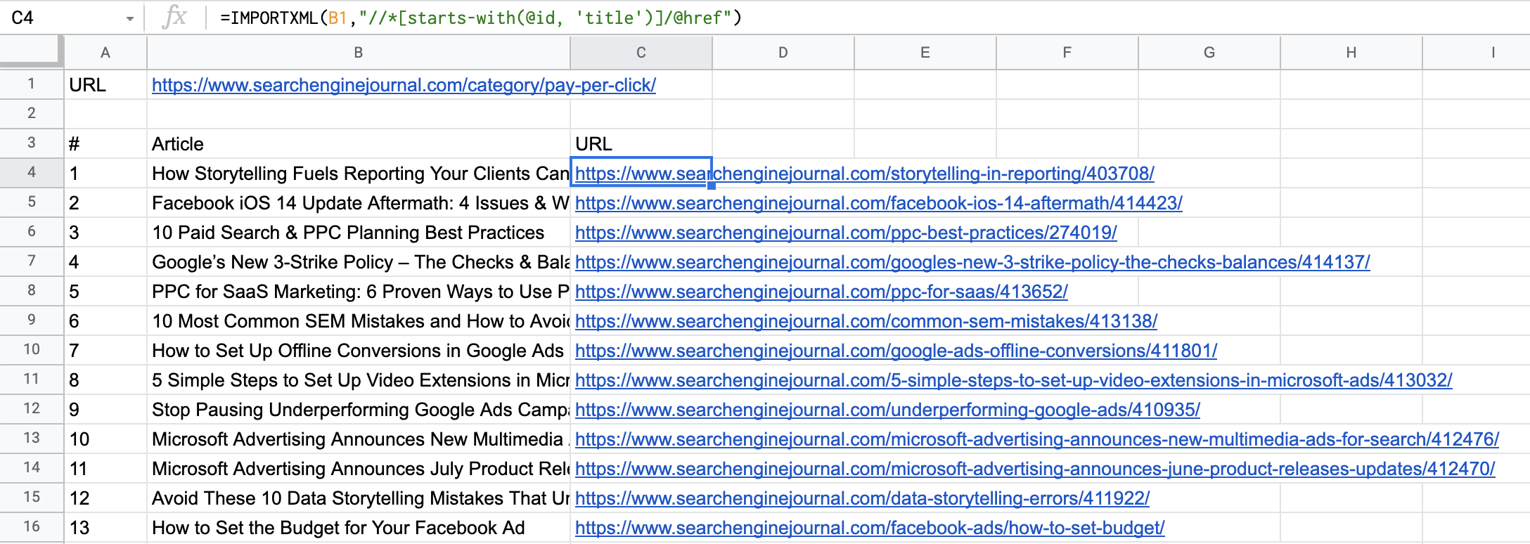 المقالات وعناوين URL التي تم استيرادها إلى جداول بيانات Google.