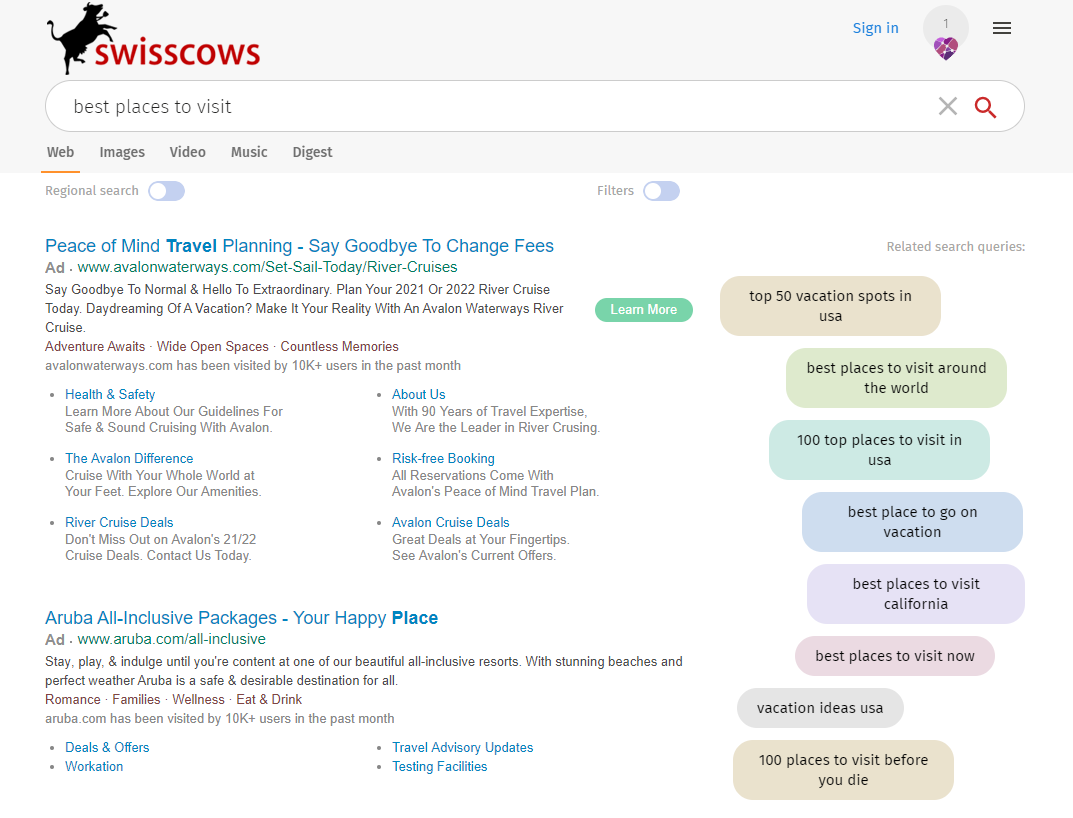 نتایج موتور جستجوی Swisscows