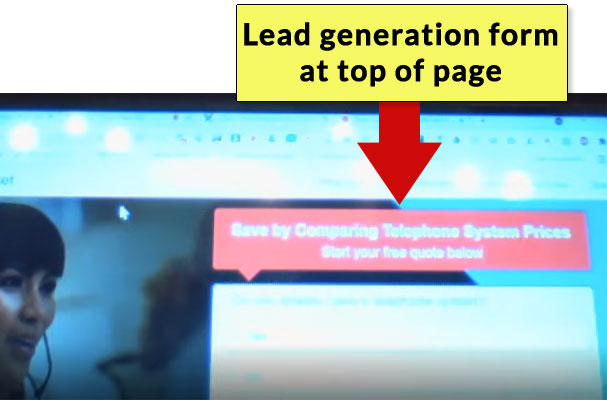 Capture d'écran du formulaire Lead Gen en haut de la page