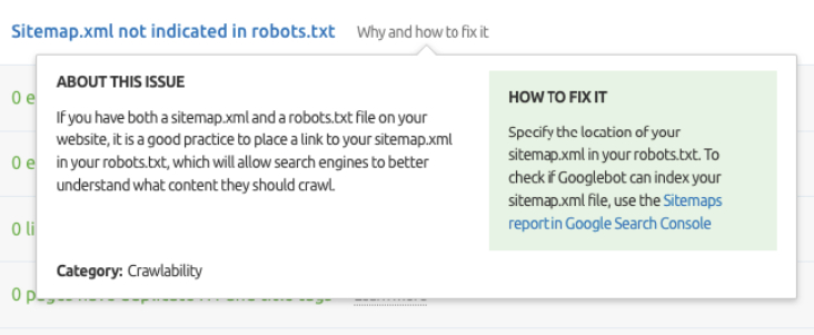 Rapport d'audit de site Semrush sur sitemap.xml non indiqué dans robots.txt.