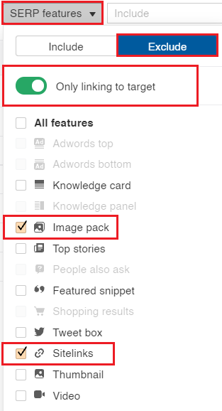 Image showing how to exclude images and sitelinks from a keyword export