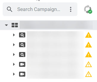 Navegação à esquerda do Google Ads Editor mostrando o tipo de campanha.