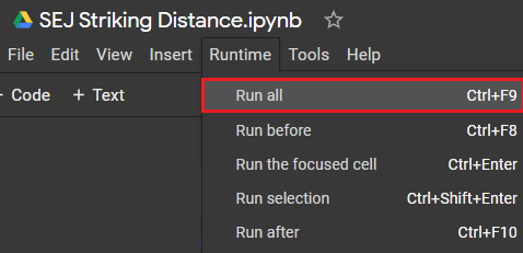 Image showing how to run the stirking distance Python script from Google Collaboratory