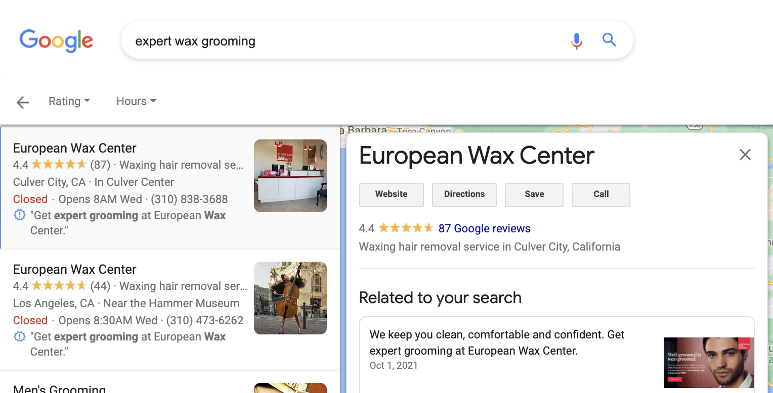 Centro europeu de cera usando Google Posts para impulsionar negócios locais em mercados competitivos
