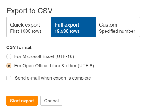 Image showing how to export keywords in UTF-8 format as a csv file