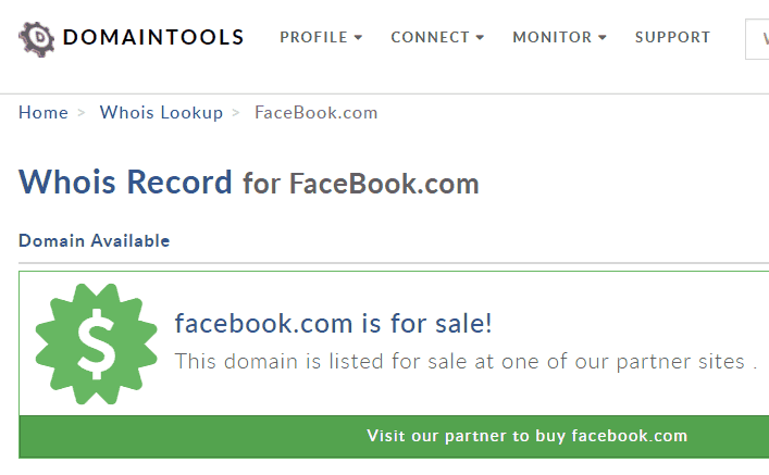 Domínio do Facebook listado como para venda