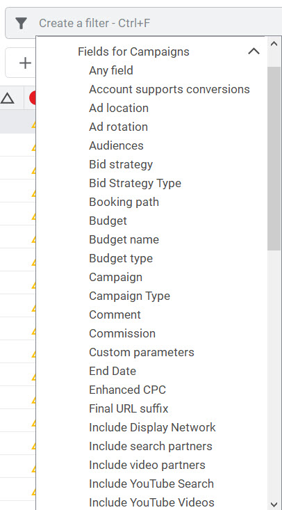 Creating filters in Google Ads Editor.