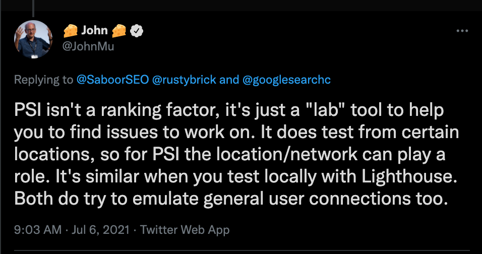 Tweet about PSI as a ranking factor.
