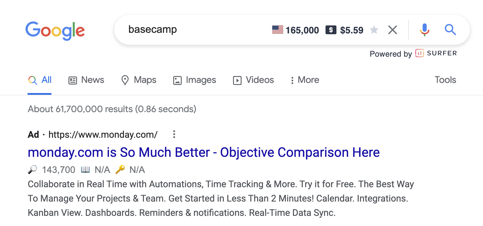 Monday vs basecamp google ad.