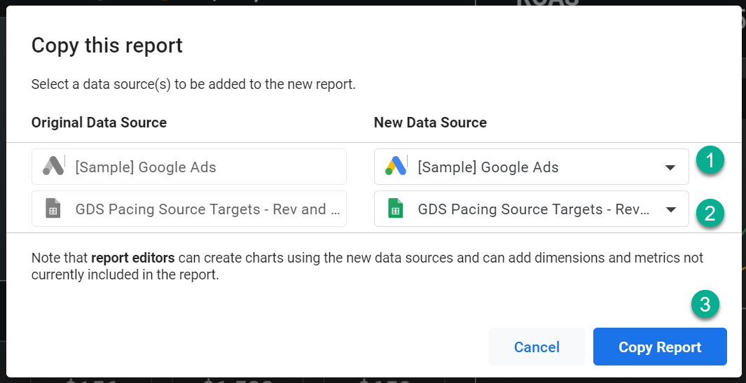 screenshot of report copy prompt in data studio
