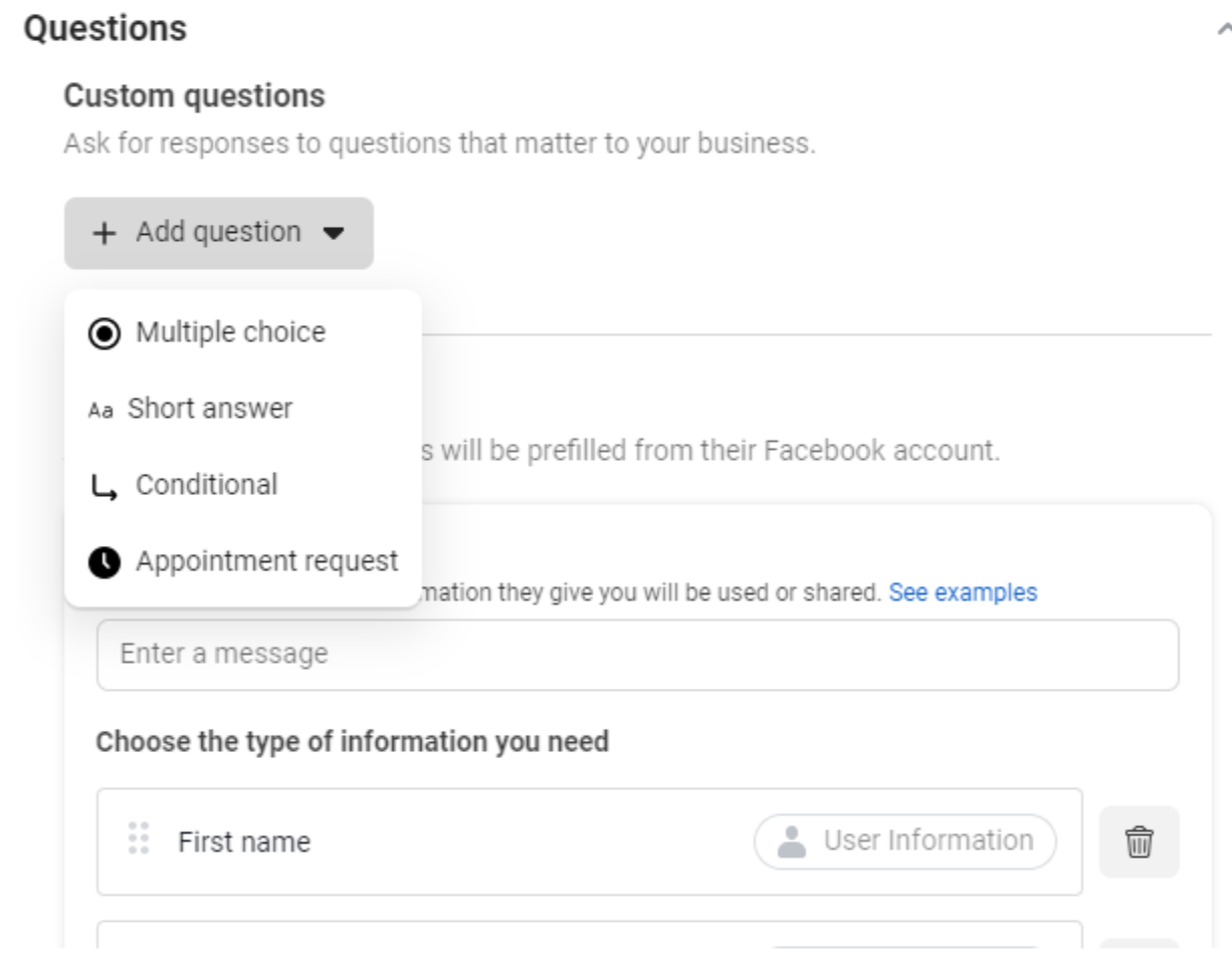 Facebook 潜在客户生成表单上的自定义问题