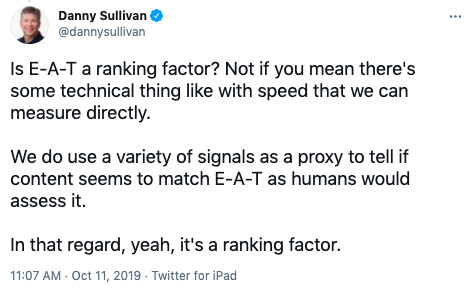 Tweet about EAT as a ranking factor