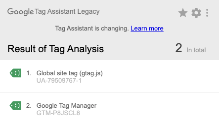 Capture d'écran de l'extension Tag Assistant