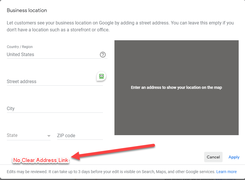 No clear address link on the "Business location" section of GMB.