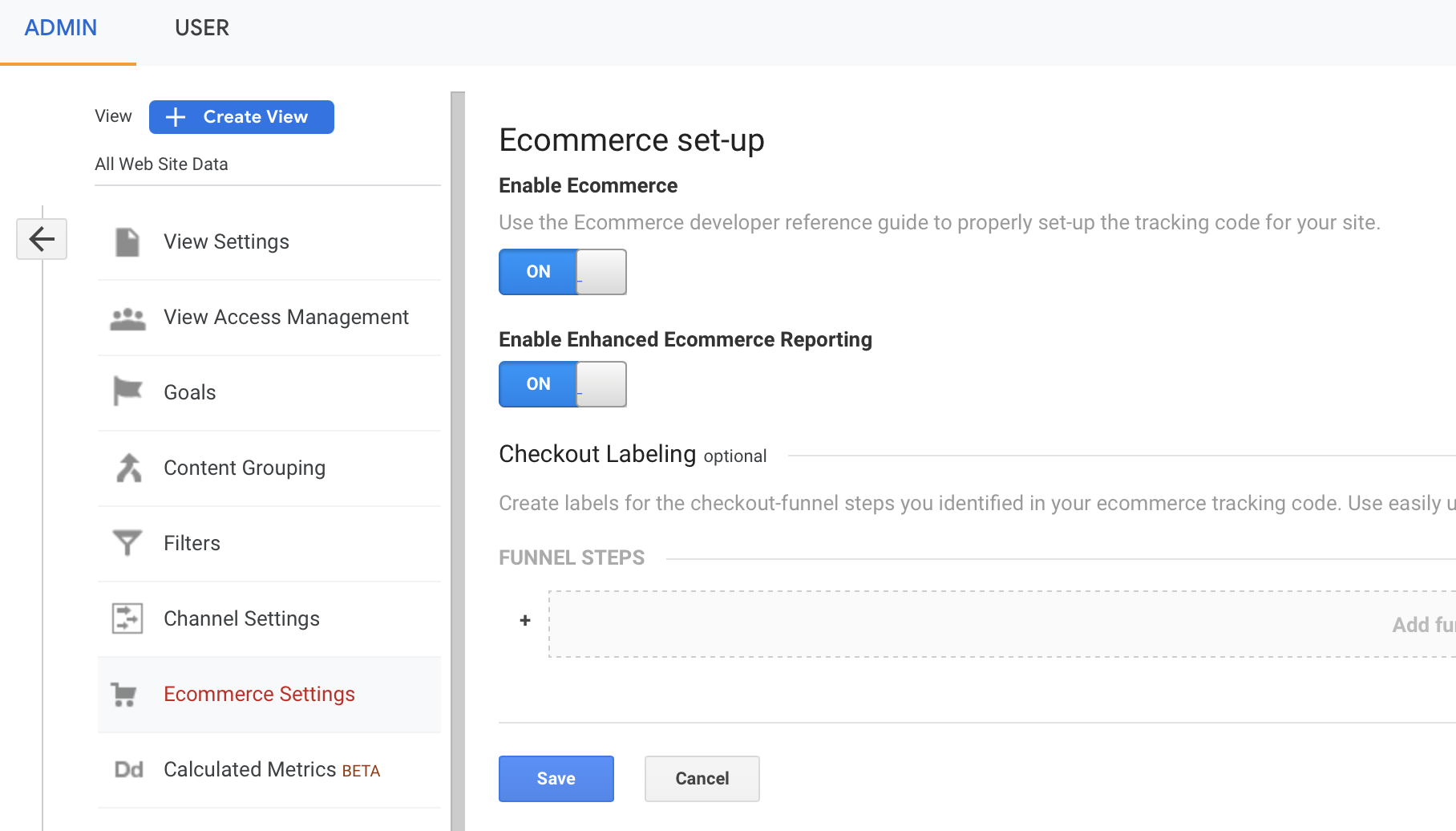 Ecommerce set up in Google Analytics