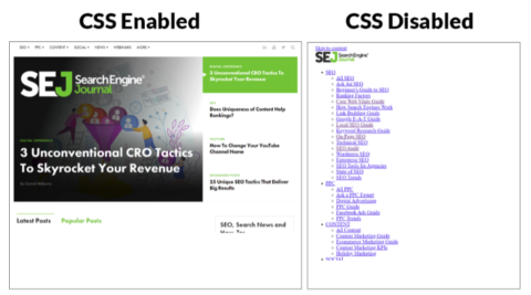 Example of CSS enabled vs CSS disabled.