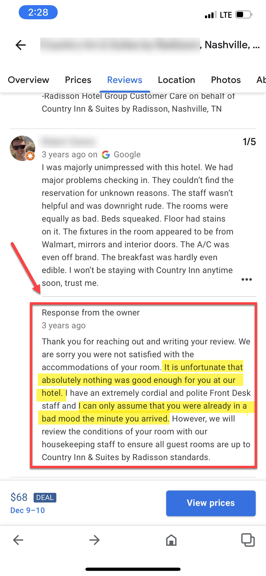 Bad owner response to a negative review