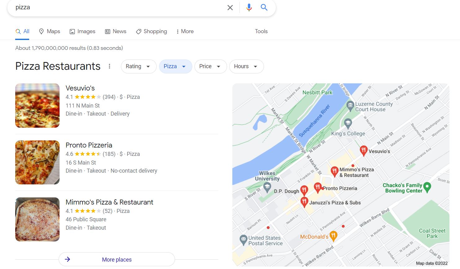 regular SERP for pizza query, showing local results